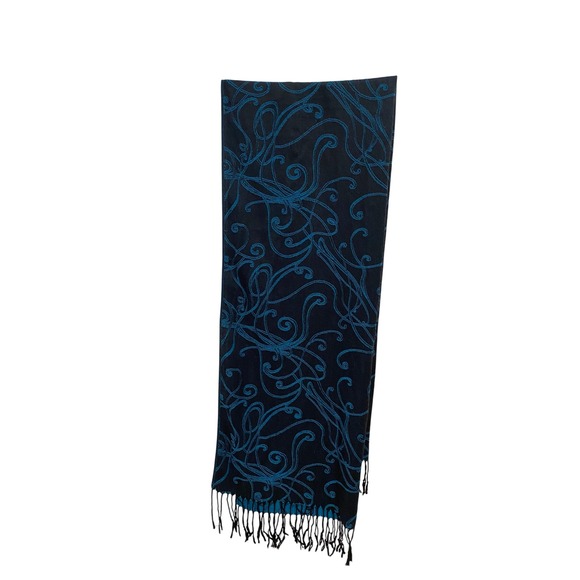 Pashmina Scarf Wrap Shawl Black Blue Swirls Pattern Fringe Winter Warm - Picture 1 of 4